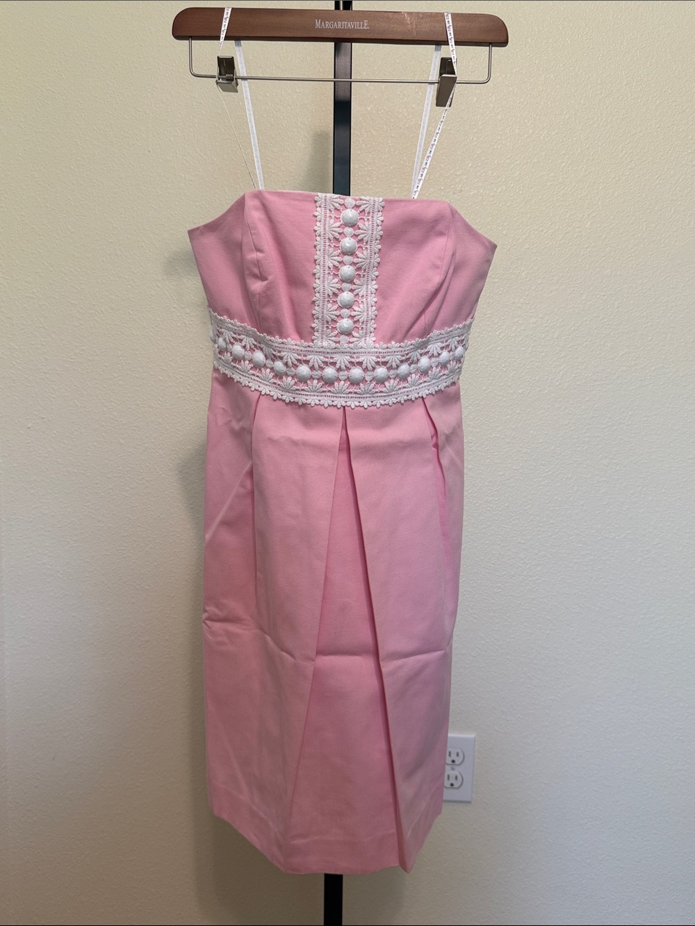 Lilly Pulitzer 💗Pink Strapless Midi Dress with White Lace Trim